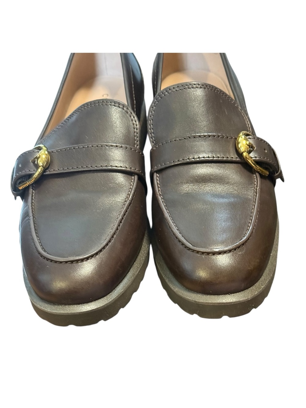 Cole Haan Grand 360 Brown Leather Gold Buckle Lug Sole Loafers - Picture 4 of 9